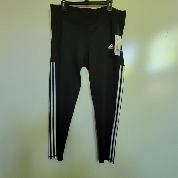 NEW 2X ADIDAS POCKET BLACK STRETCH LEGGINGS W/ STRIPE WICKING PANTS 2XL NWT - Picture 1 of 5